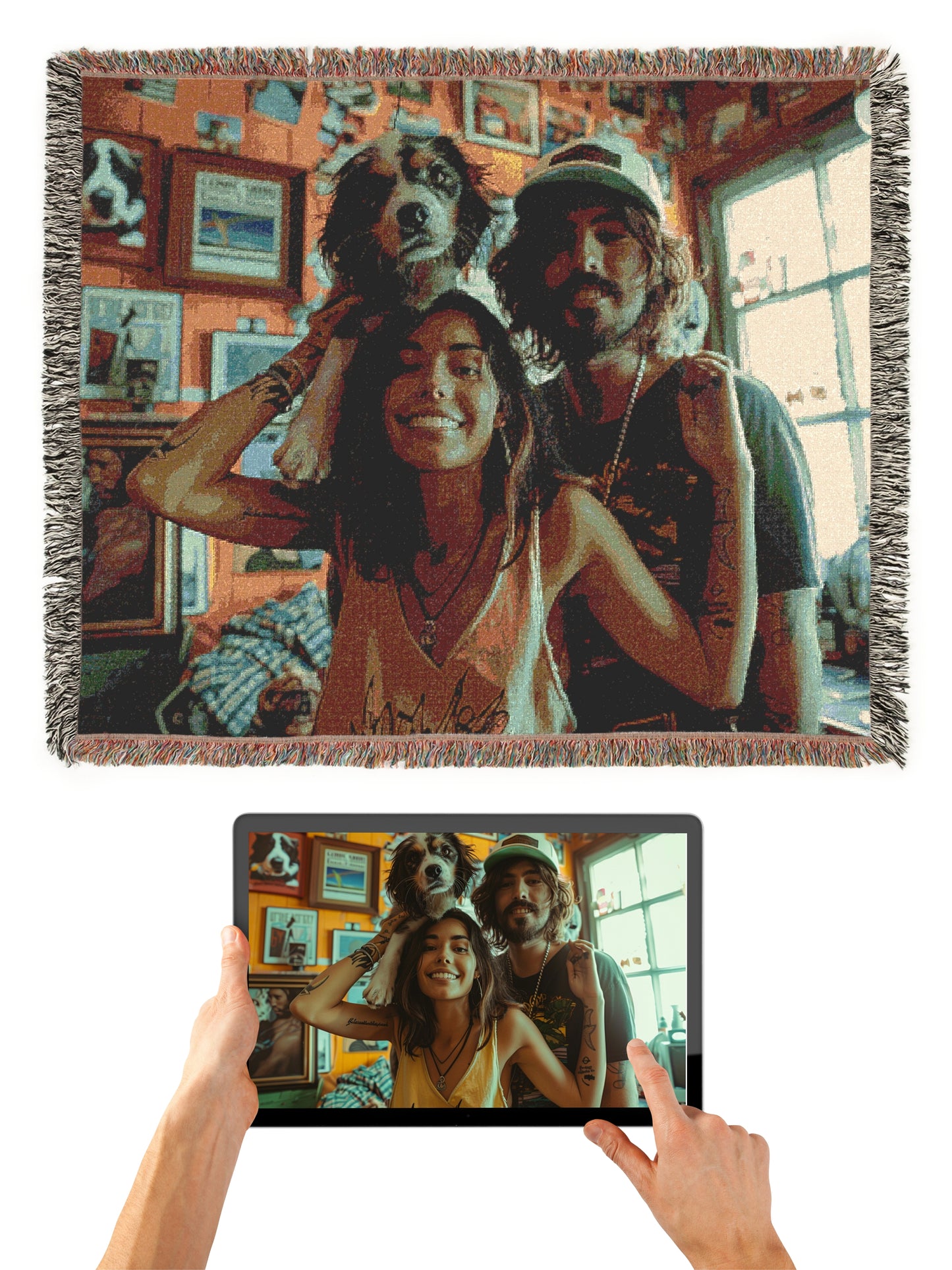 Personalized Family & Dog Woven Blanket – Custom Cotton Photo Throw