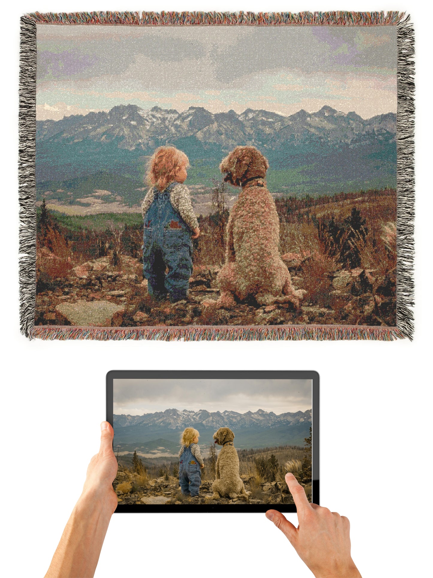 Personalized Family & Dog Woven Blanket – Custom Cotton Photo Throw