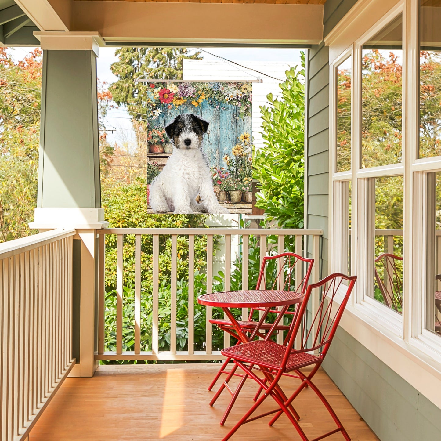 Personalized Dog Photo Flag & Garden Banner – Floral Potting Bench Background