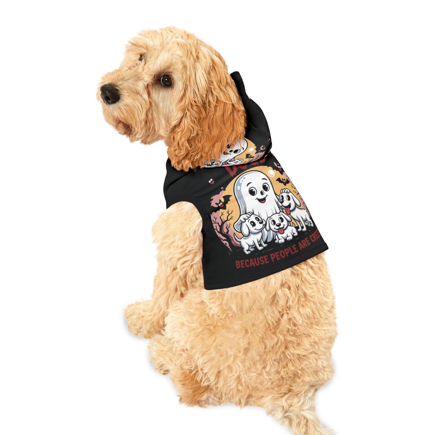 Halloween Dog Hoodie – Cute Ghost & Puppy Design with Funny “Dogs Because People Are Creepy” Print