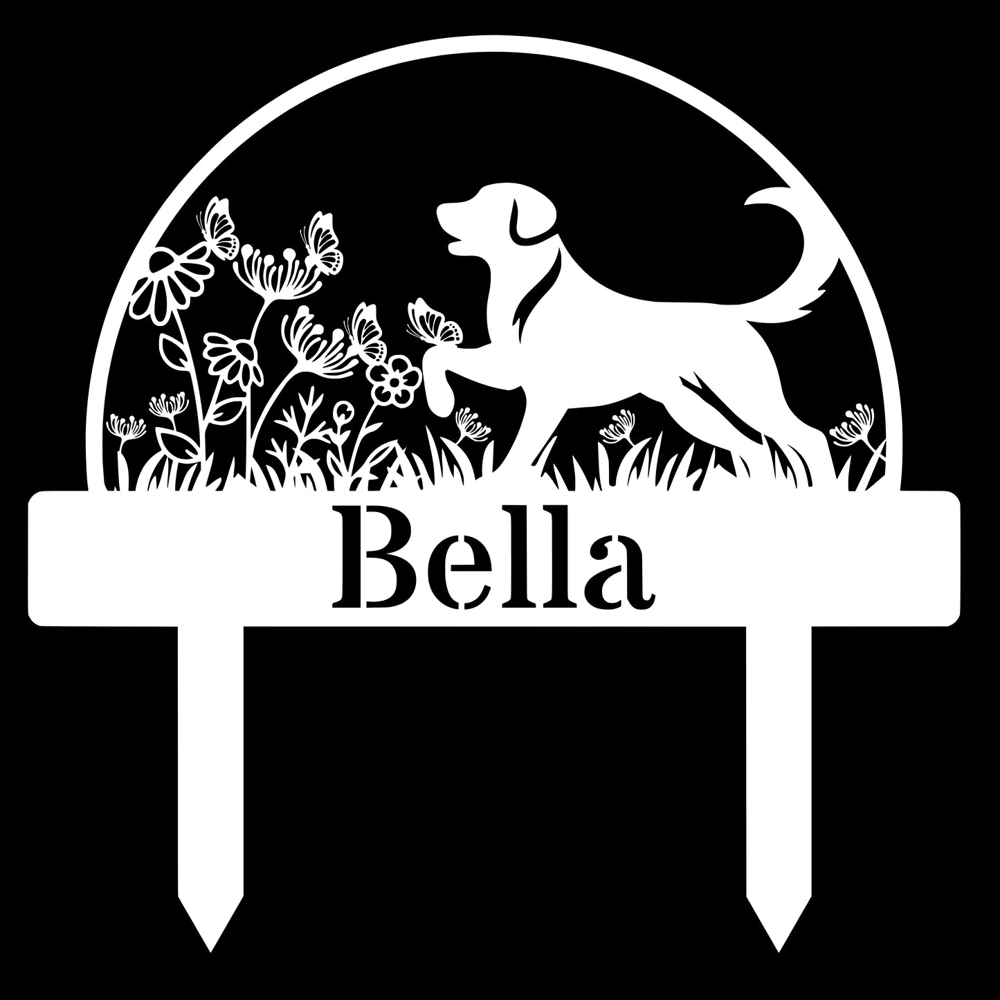 Custom Dog's Name Garden Sign – Big Dog in Flower Field with Butterflies