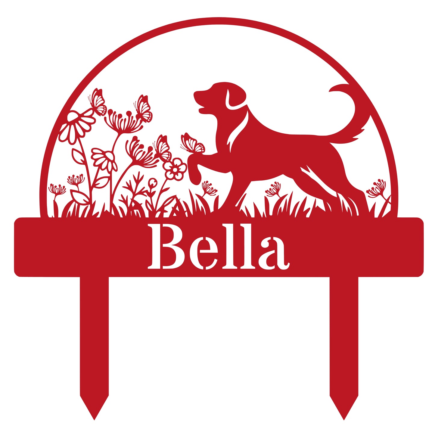 Custom Dog's Name Garden Sign – Big Dog in Flower Field with Butterflies