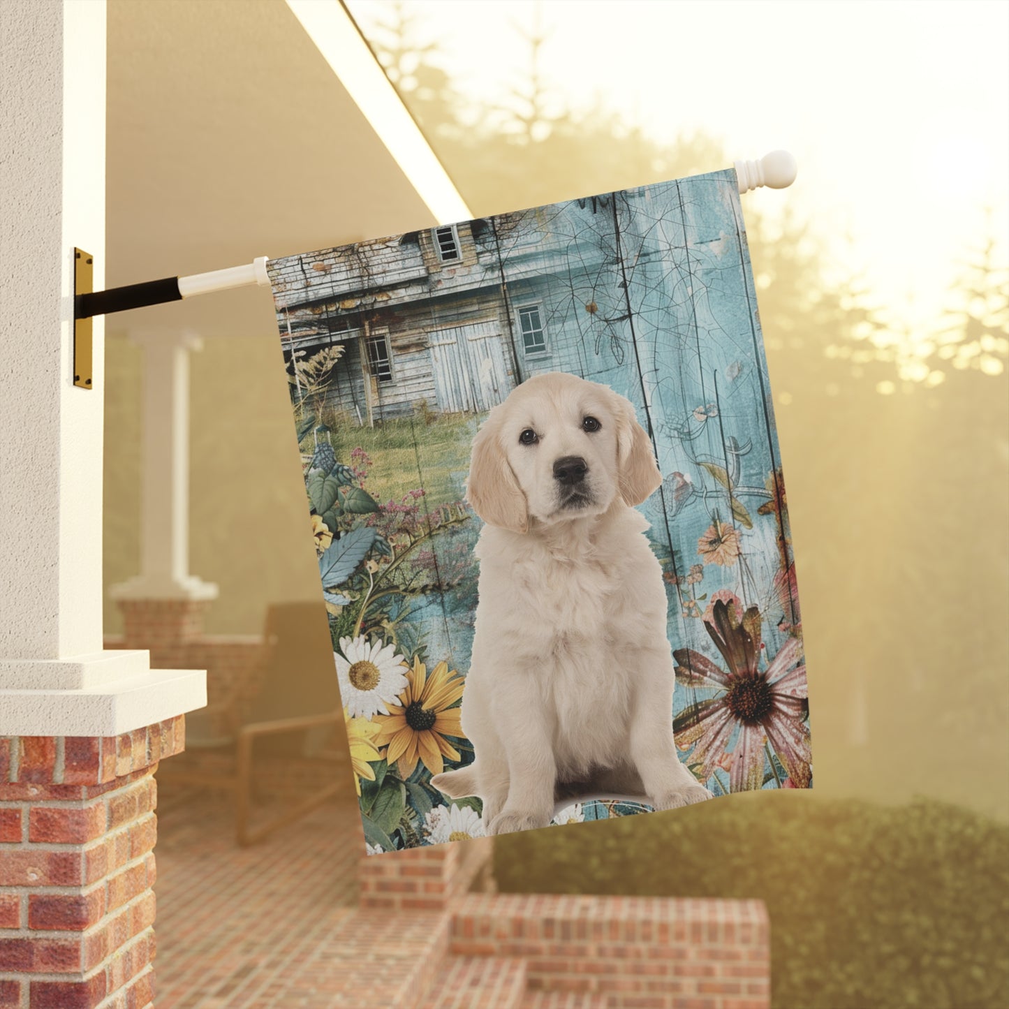 Custom Farmhouse Floral Dog Flag – Personalized with Your Pet's Photo