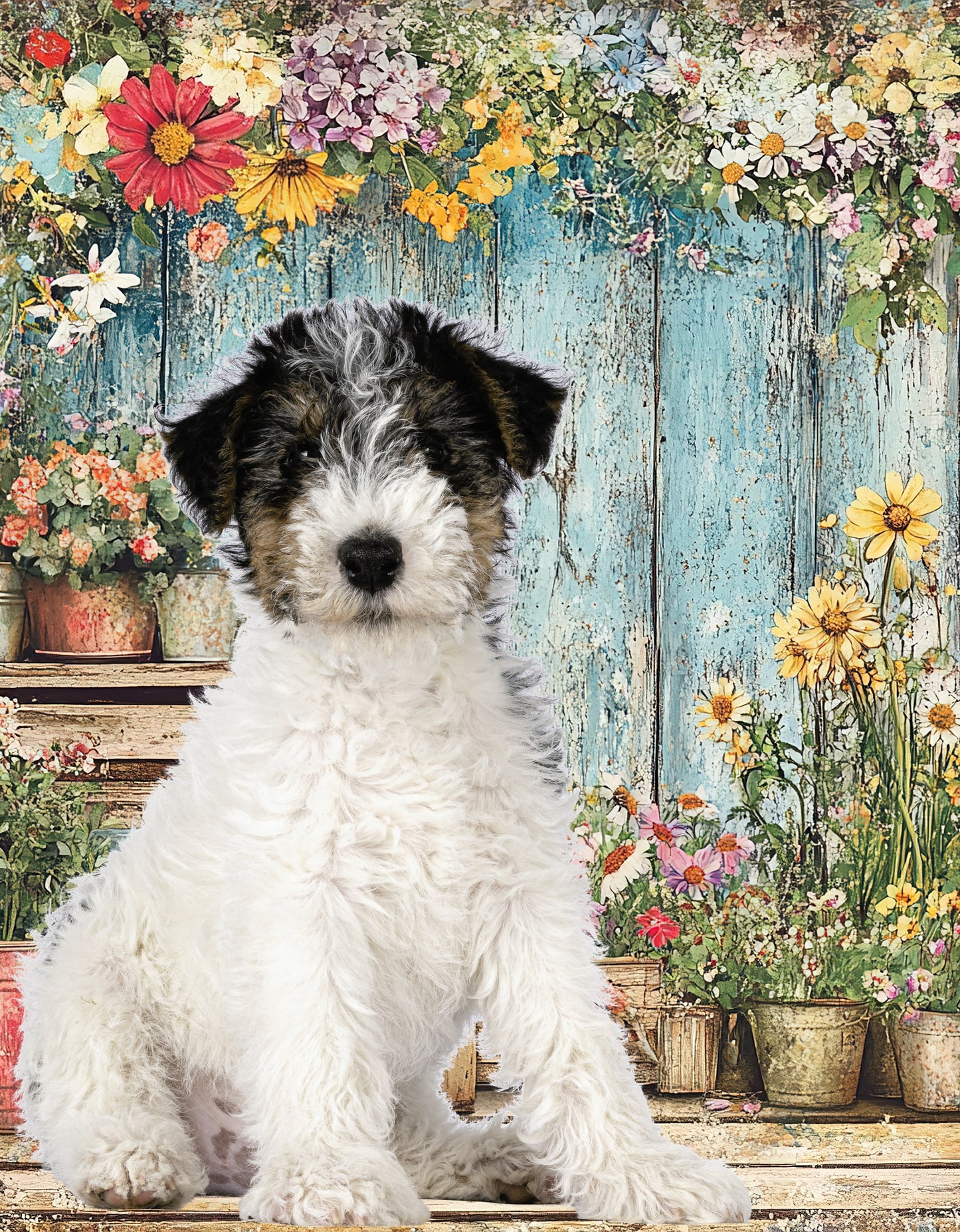 Personalized Dog Photo Flag & Garden Banner – Floral Potting Bench Background