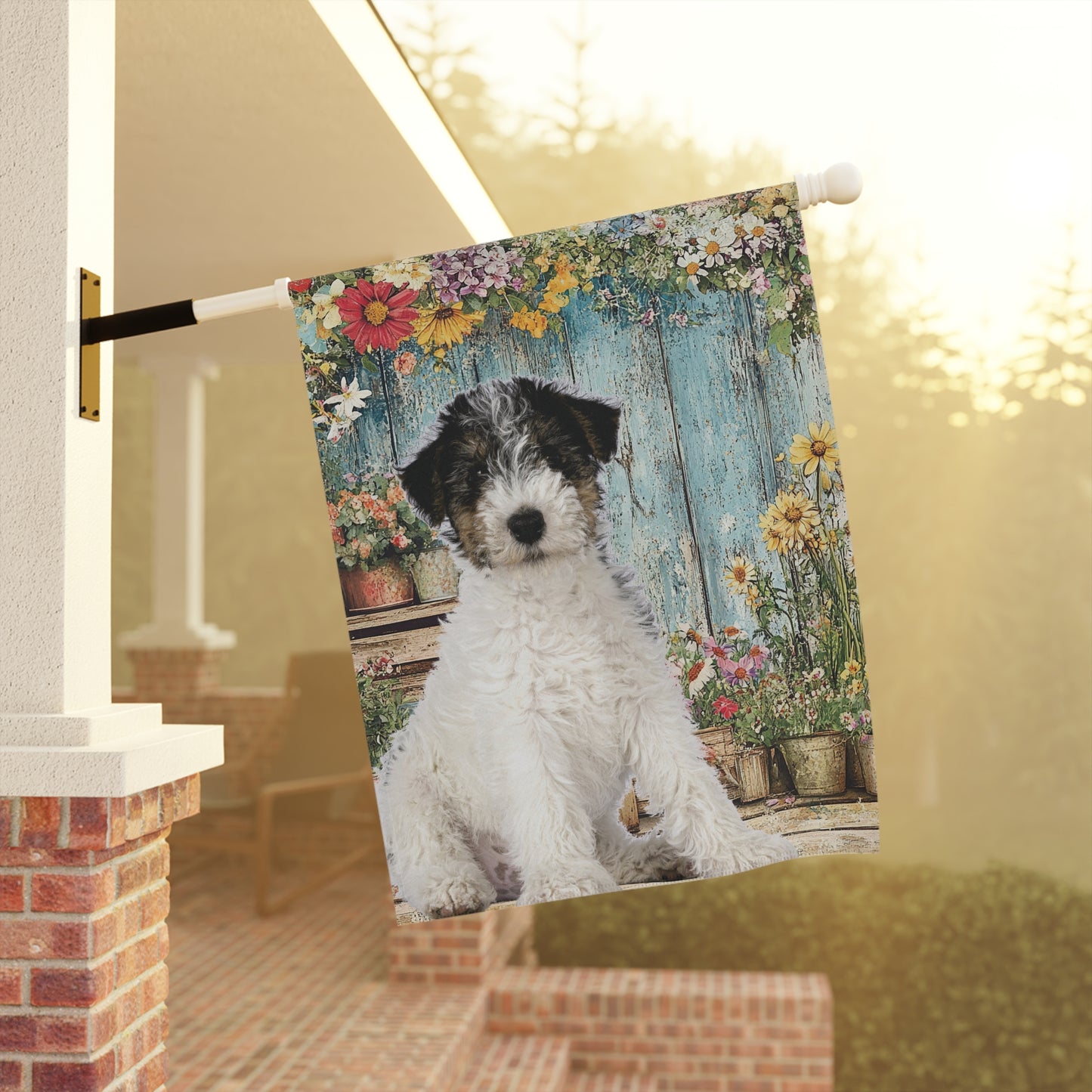 Personalized Dog Photo Flag & Garden Banner – Floral Potting Bench Background