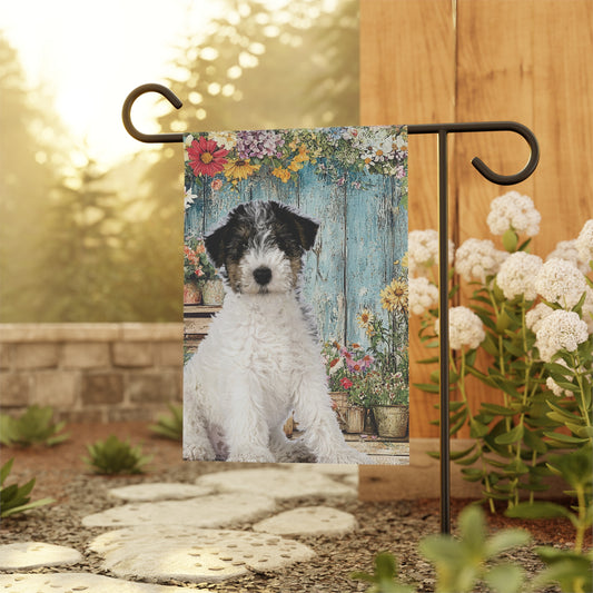 Personalized Dog Photo Flag & Garden Banner – Floral Potting Bench Background