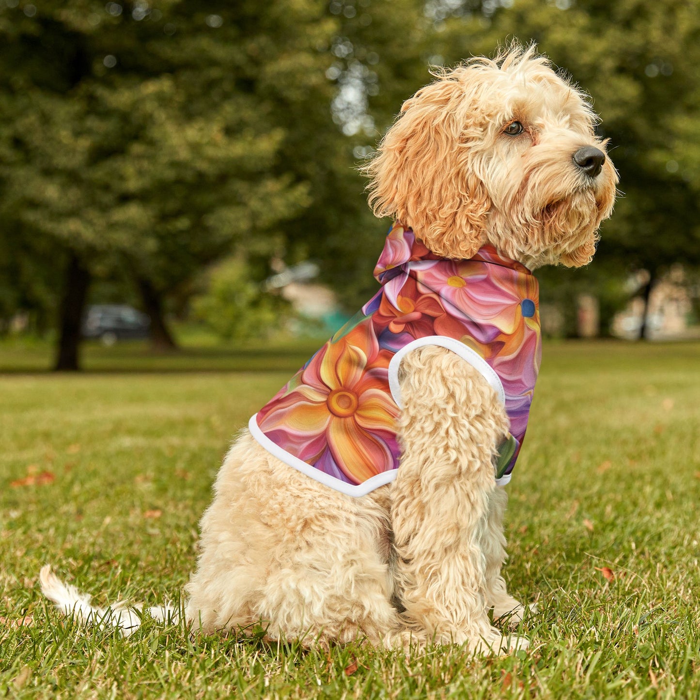 Floral Fantasy Dog Hoodie – Colorful 3D Flower Design in 3 Sizes