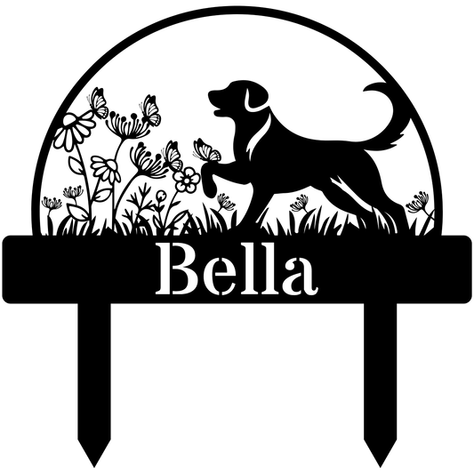 Custom Dog's Name Garden Sign – Big Dog in Flower Field with Butterflies