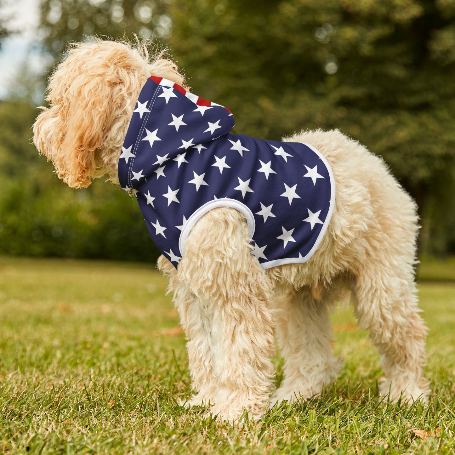 Stars & Stripes Dog Hoodie – Bold Flag-Inspired Design in 3 Sizes