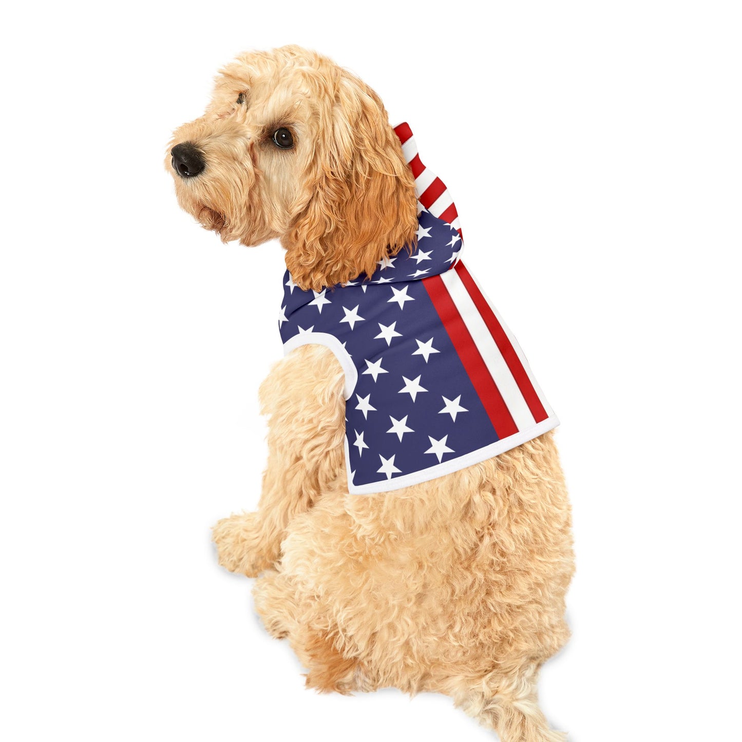 Stars & Stripes Dog Hoodie – Bold Flag-Inspired Design in 3 Sizes