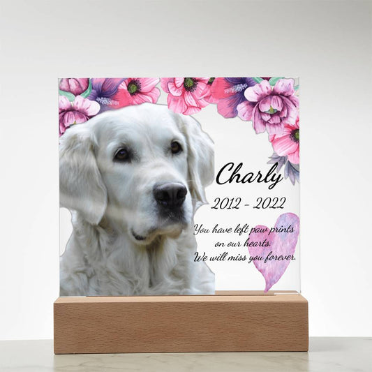 Custom Dog Memorial Plaque – Square Acrylic Keepsake with LED or Wooden Base