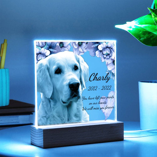 Custom Dog Memorial Plaque – Square Acrylic Keepsake with LED or Wooden Base
