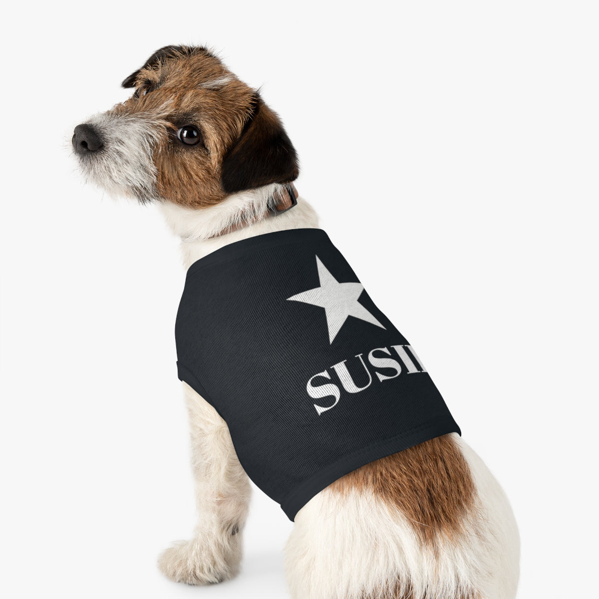 Small dog wearing black custom tank top in size M with white star on back and personalized name, side angle