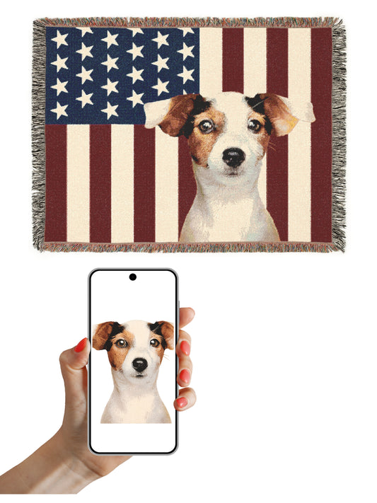 Customized American Flag Woven Blanket with your dog's photo
