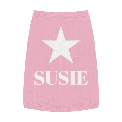 Custom made dog tank top in pink with star design and personalized name on back, full view