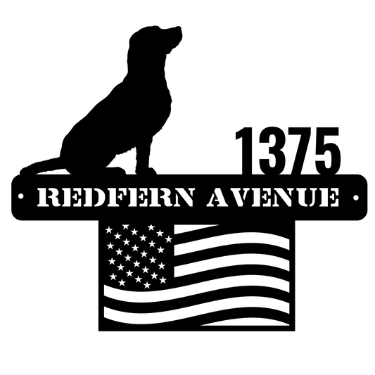 Custom Dog Address Sign with USA Flag and Sitting Pup