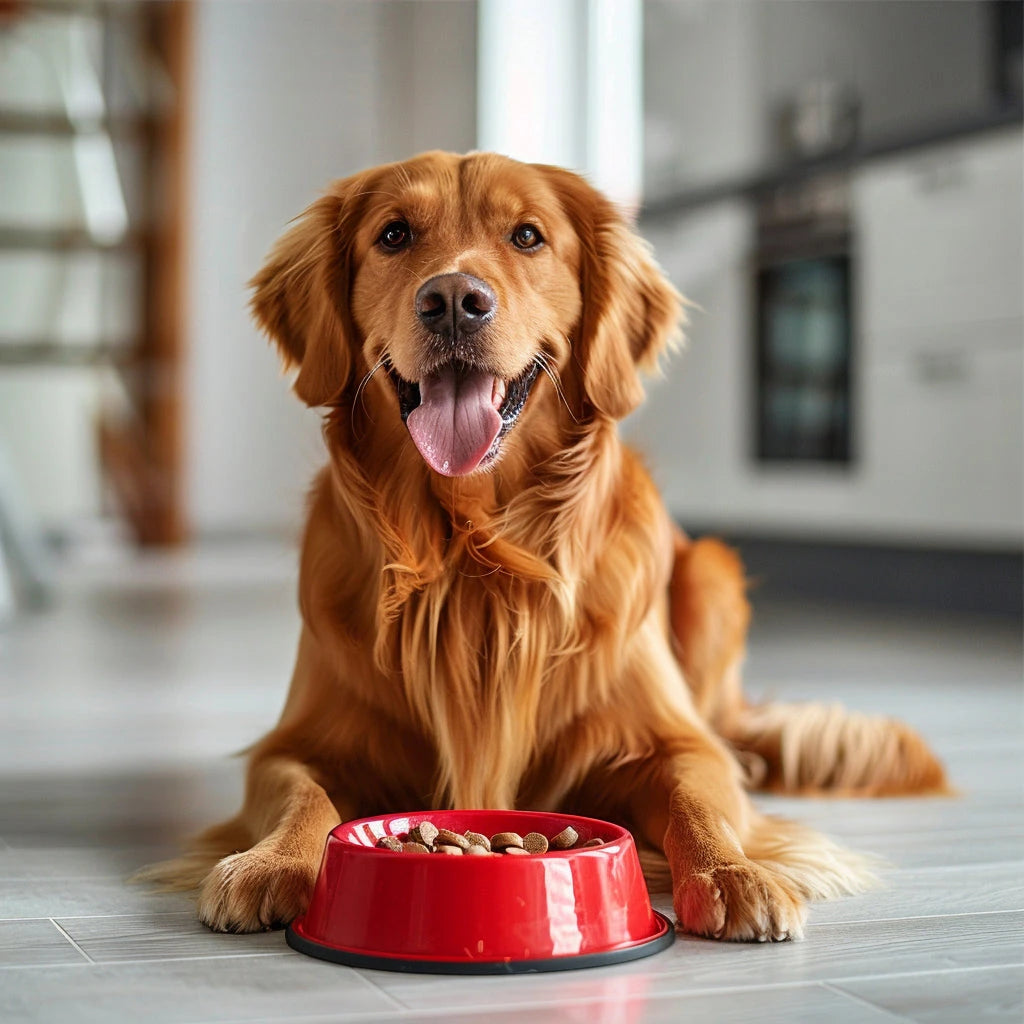 Golden Retriever with red food bowl