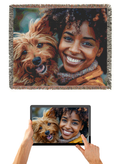 Personalized Family & Dog Woven Blanket – Custom Cotton Photo Throw