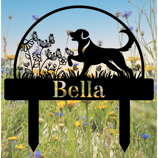 Custom Dog's Name Garden Sign – Big Dog in Flower Field with Butterflies