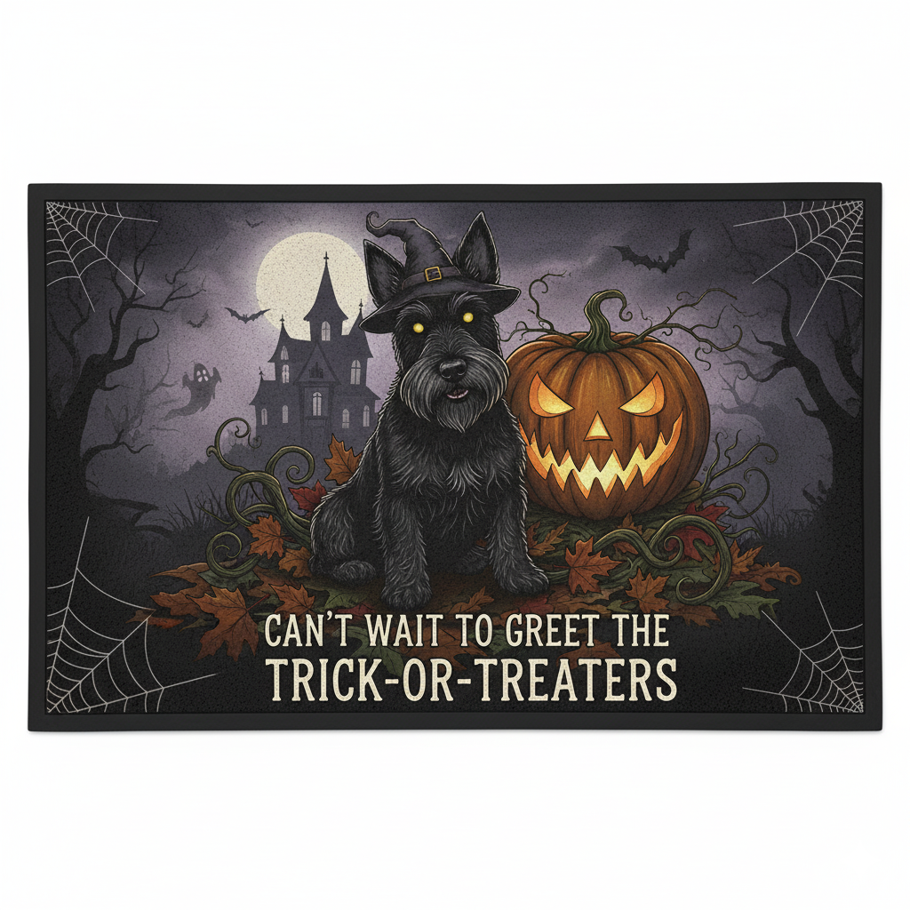 Halloween Dog Door Mat – Spooky Dog Welcome Mat with Pumpkin & Moon Scene