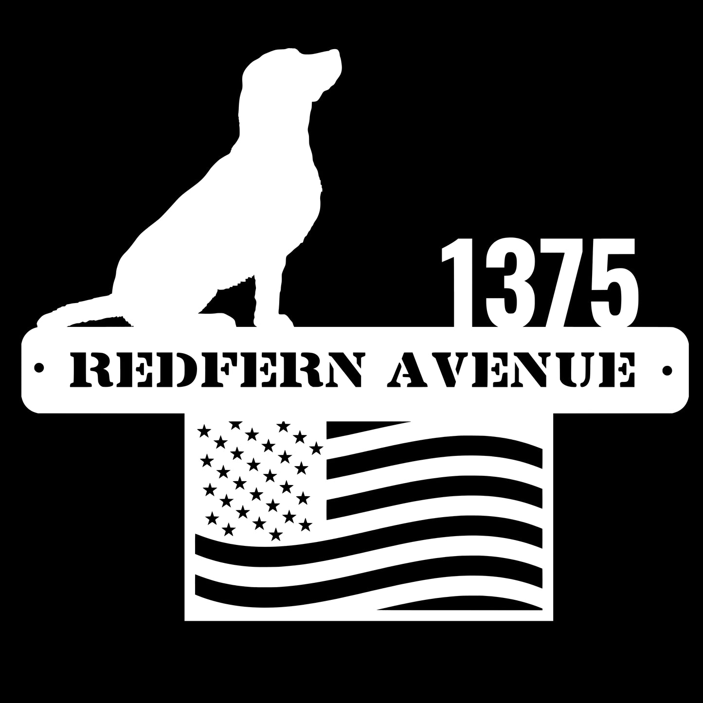 Custom Dog Address Sign with USA Flag and Sitting Pup
