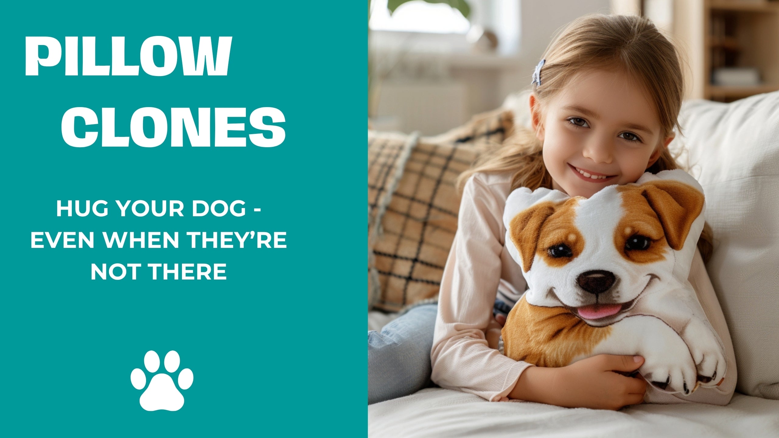 Child holding a 3D pillow with a dog design, text 'Pillow Clones' on a teal background