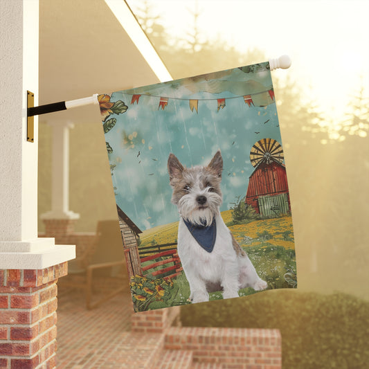 Custom Dog Photo Flag and Garden Banner – Rustic Farmyard Background