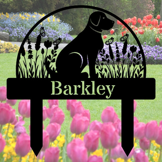 Custom Dog's Name Garden Sign – Labrador sitting in Flower Field