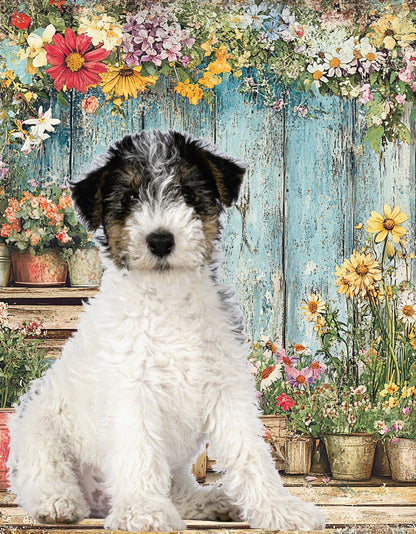 Personalized Dog Photo Flag & Garden Banner – Floral Potting Bench Background
