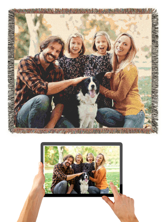 Personalized Family & Dog Woven Blanket – Custom Cotton Photo Throw