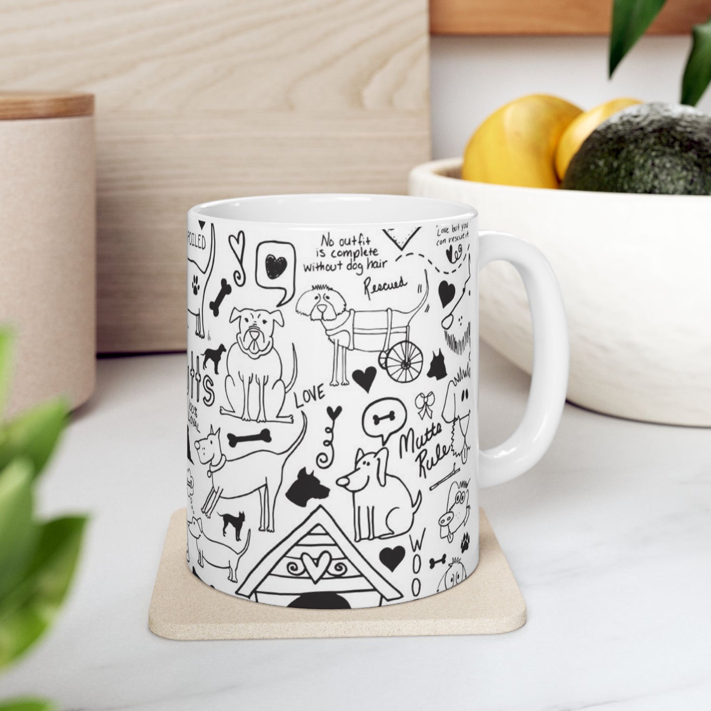 Dog Doodle Print Mug – White Illustrated Dog Lover Coffee Cup