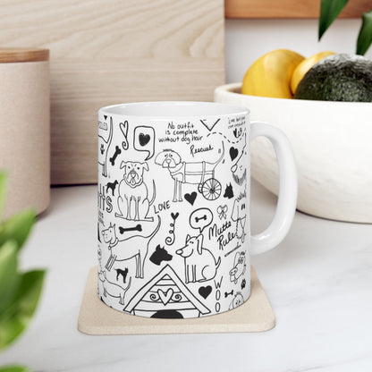 Dog Doodle Print Mug – White Illustrated Dog Lover Coffee Cup