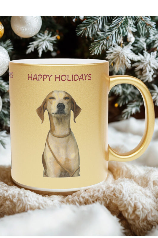 Gold Metallic Mug with Custom Dog Photo – Optional “Happy Holidays” Print