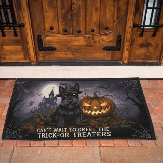 Halloween Dog Door Mat – Spooky Dog Welcome Mat with Pumpkin & Moon Scene