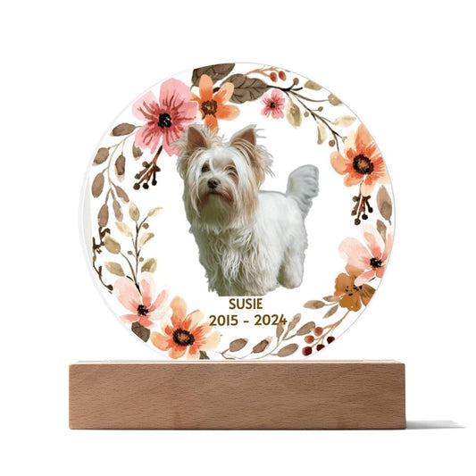 Decorative plaque with a dog's photo, floral design, and 'Susie' and years engraved on a white background.