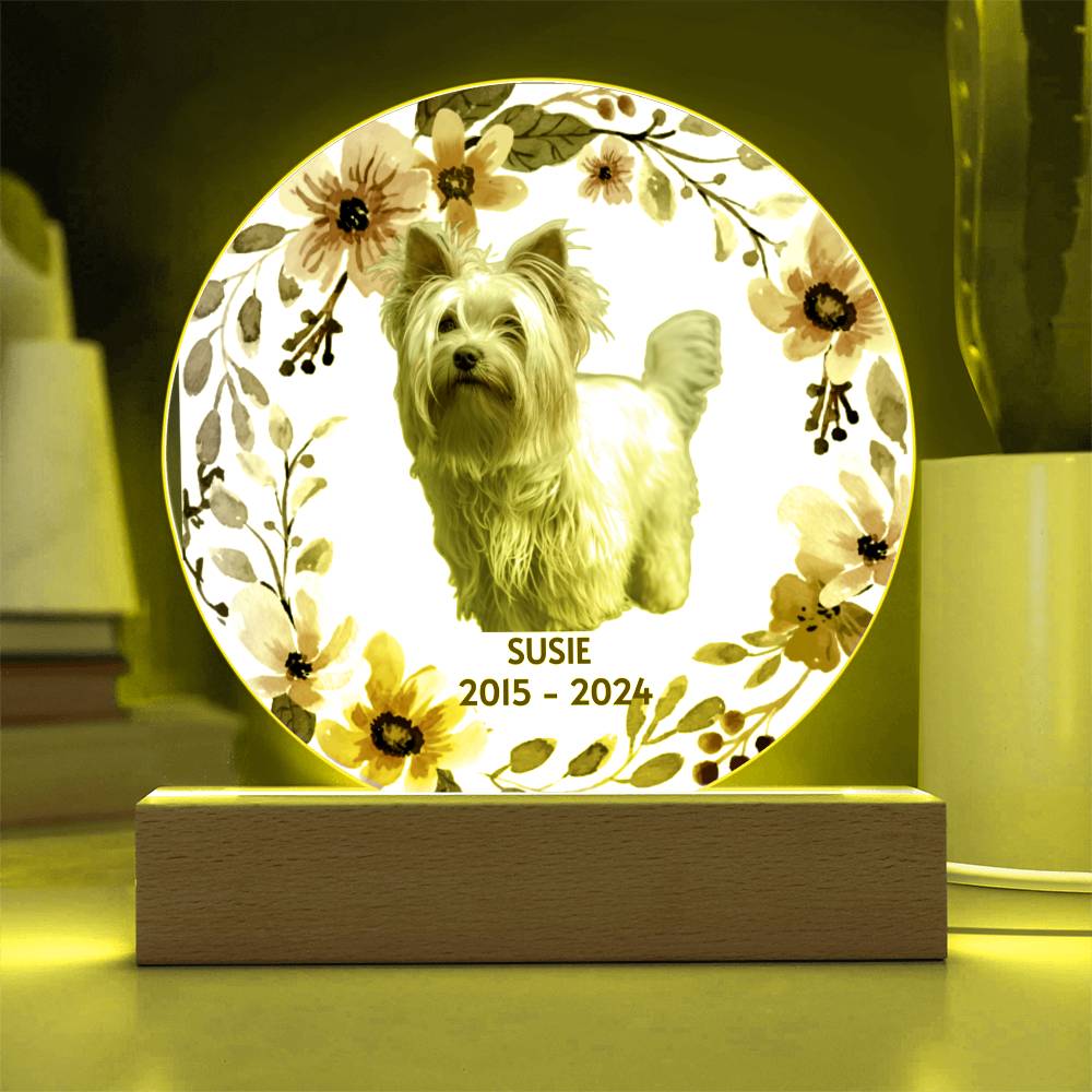 Decorative plaque with a dog's photo, floral design and yellow LED light on a wooden stand.