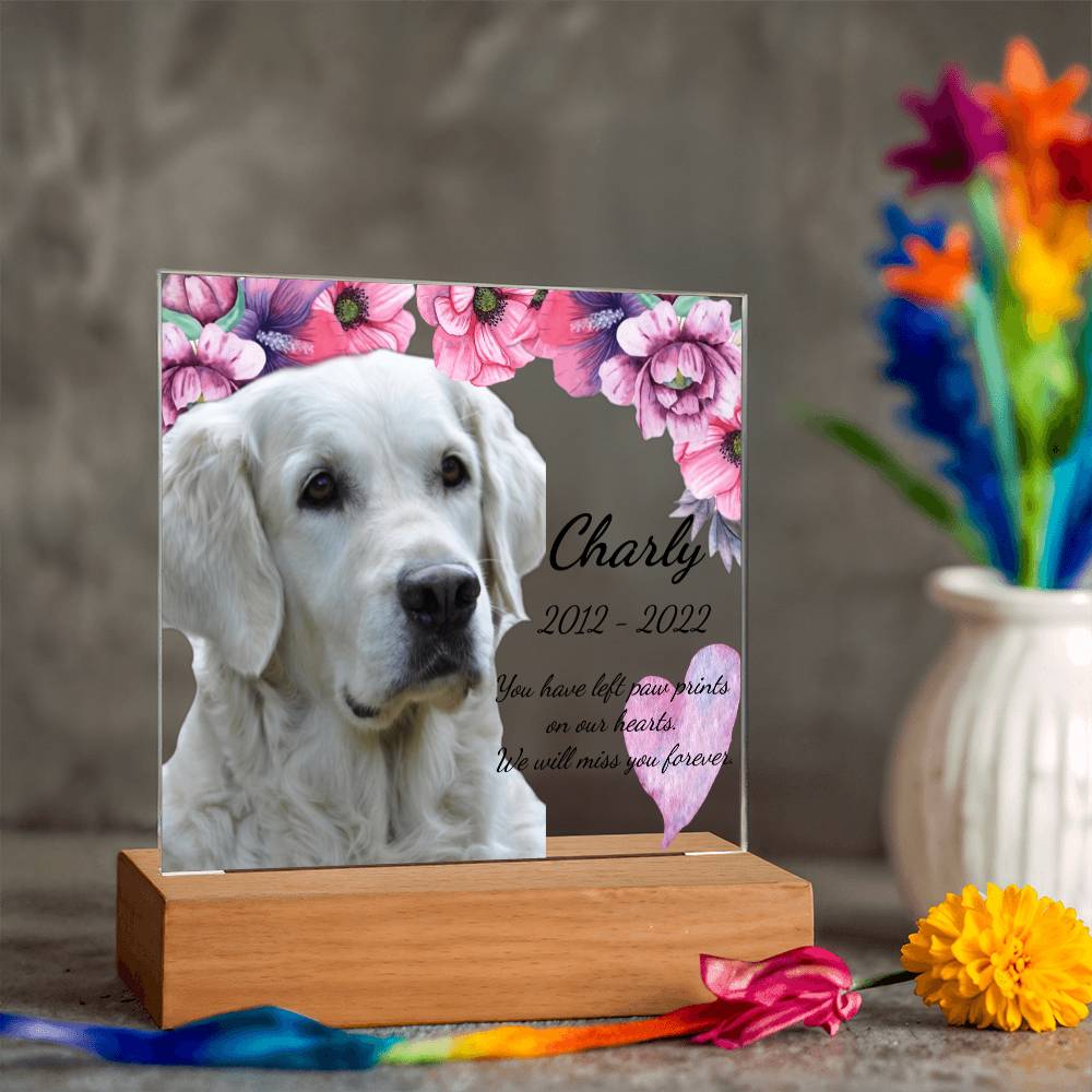 Custom Dog Memorial Plaque – Square Acrylic Keepsake with LED or Wooden Base