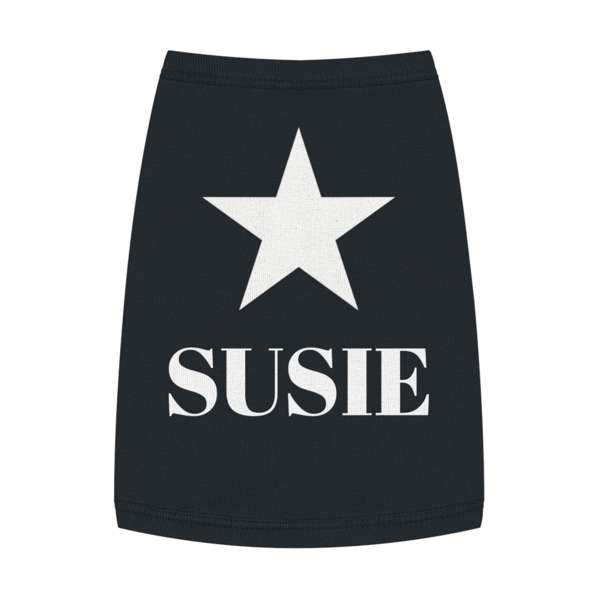 Custom dog tank top in black with star design plus personalized name on back, full view