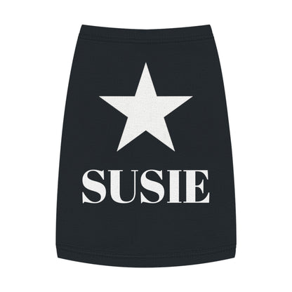 Custom dog tank top in black with star design plus personalized name on back, full view
