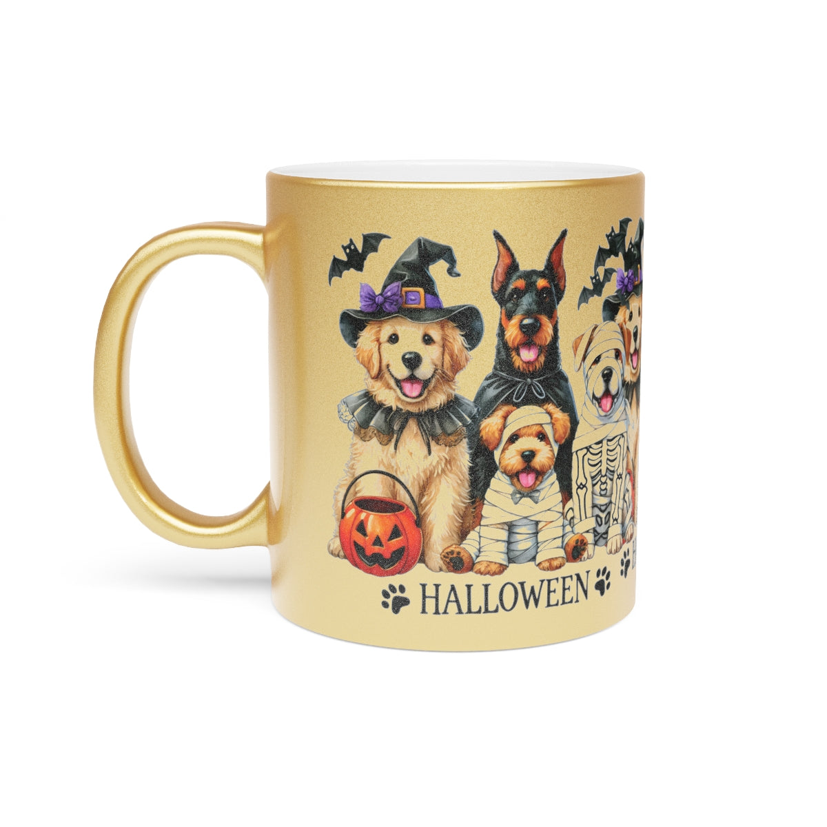 Halloween Dog Mug – Metallic Gold or Silver Coffee Cup with Cute Spooky Dog Design
