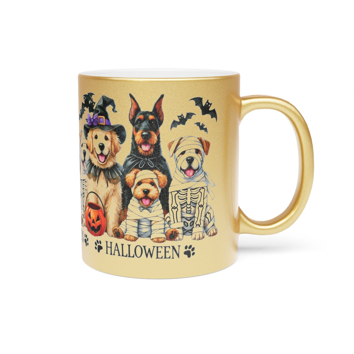 Halloween Dog Mug – Metallic Gold or Silver Coffee Cup with Cute Spooky Dog Design