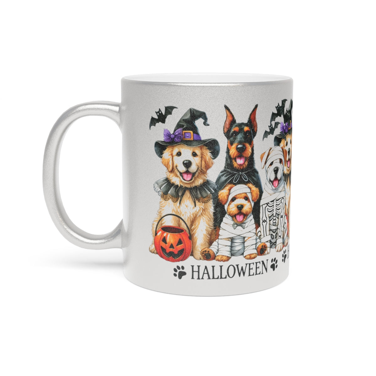 Halloween Dog Mug – Metallic Gold or Silver Coffee Cup with Cute Spooky Dog Design