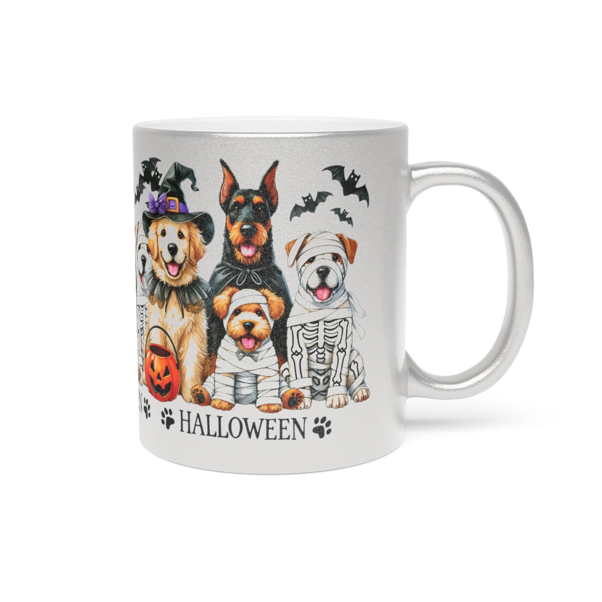 Halloween Dog Mug – Metallic Gold or Silver Coffee Cup with Cute Spooky Dog Design