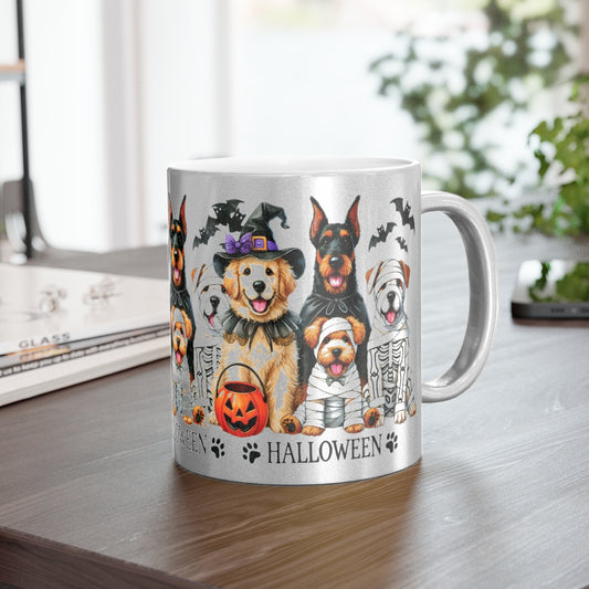 Halloween Dog Mug – Metallic Gold or Silver Coffee Cup with Cute Spooky Dog Design