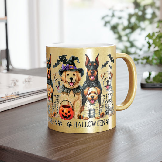 Halloween Dog Mug – Metallic Gold or Silver Coffee Cup with Cute Spooky Dog Design