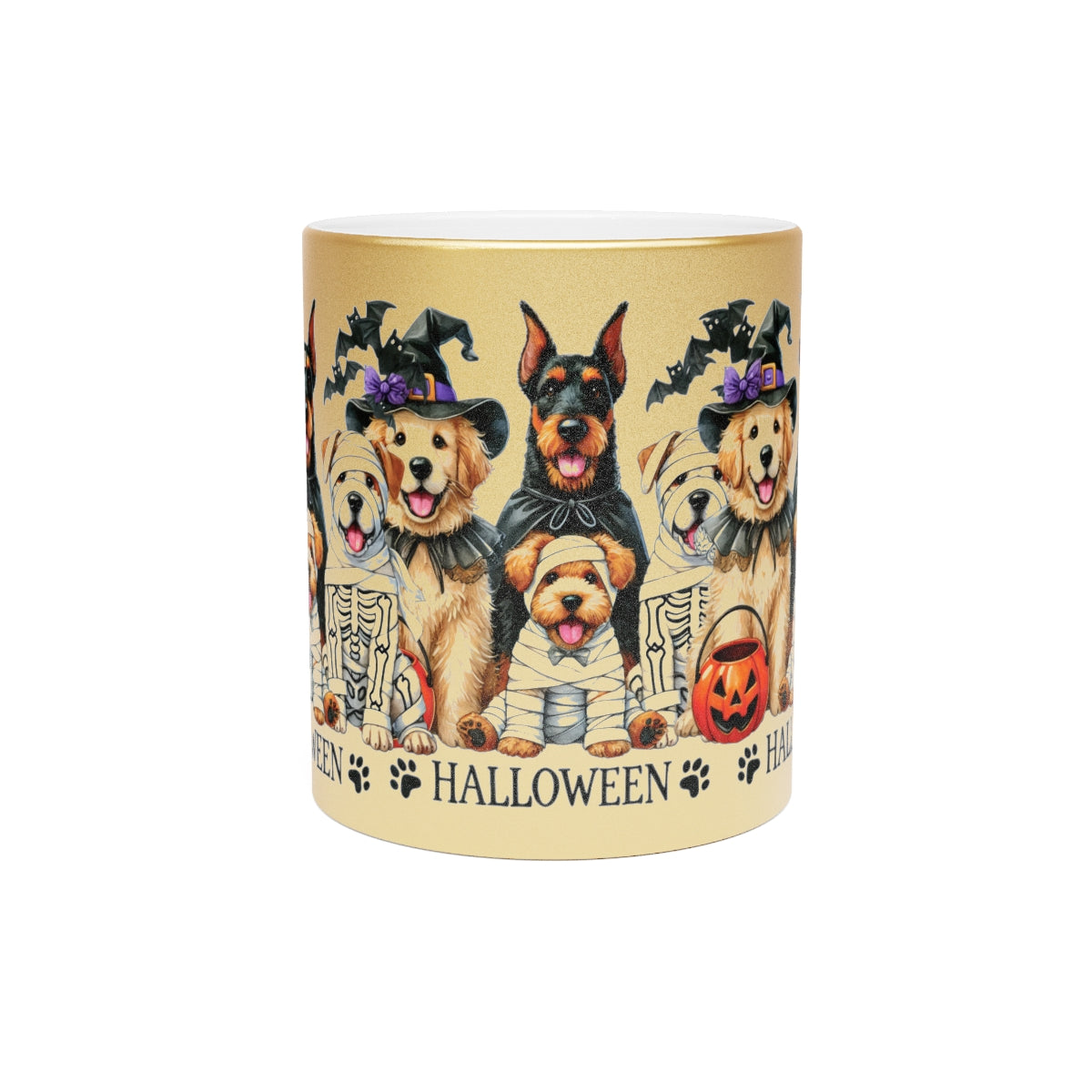 Halloween Dog Mug – Metallic Gold or Silver Coffee Cup with Cute Spooky Dog Design