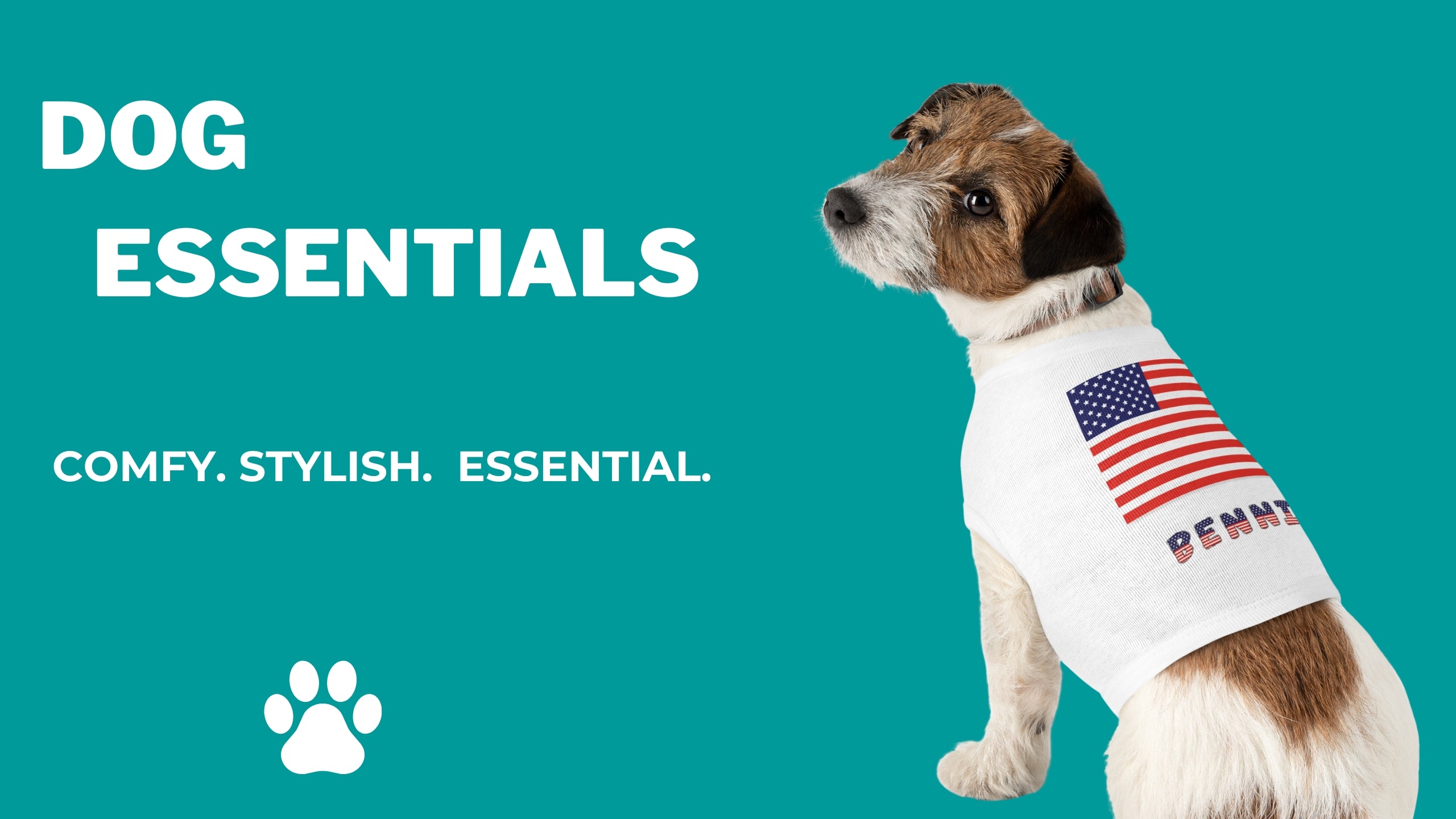 Dog wearing an American flag shirt with his name and text 'Dog Essentials' on a teal background