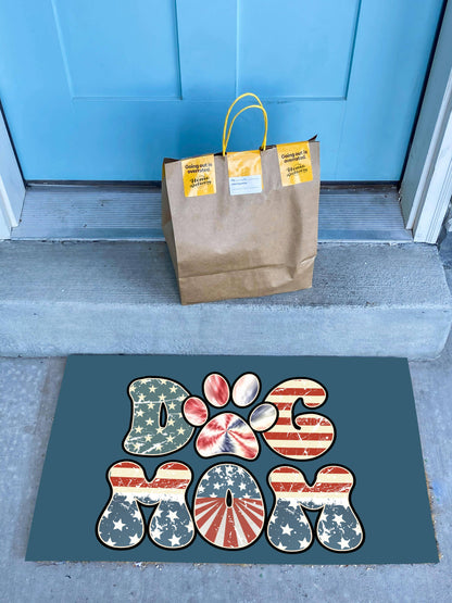 Dog Mom Patriotic Door Mat – Stars & Stripes Paw Print Design