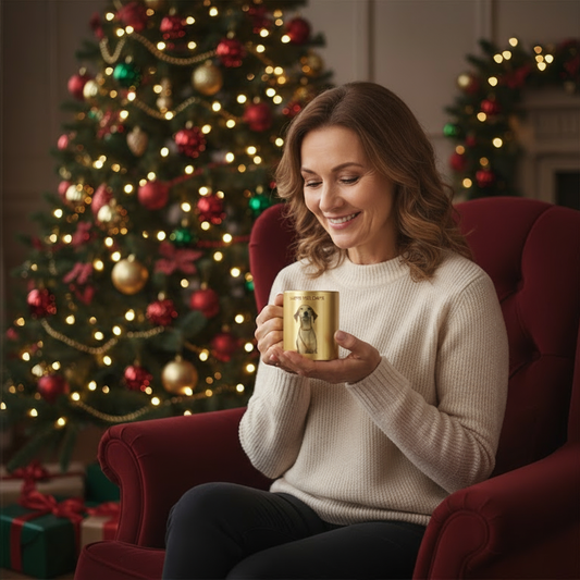 Gold Metallic Mug with Custom Dog Photo – Optional “Happy Holidays” Print