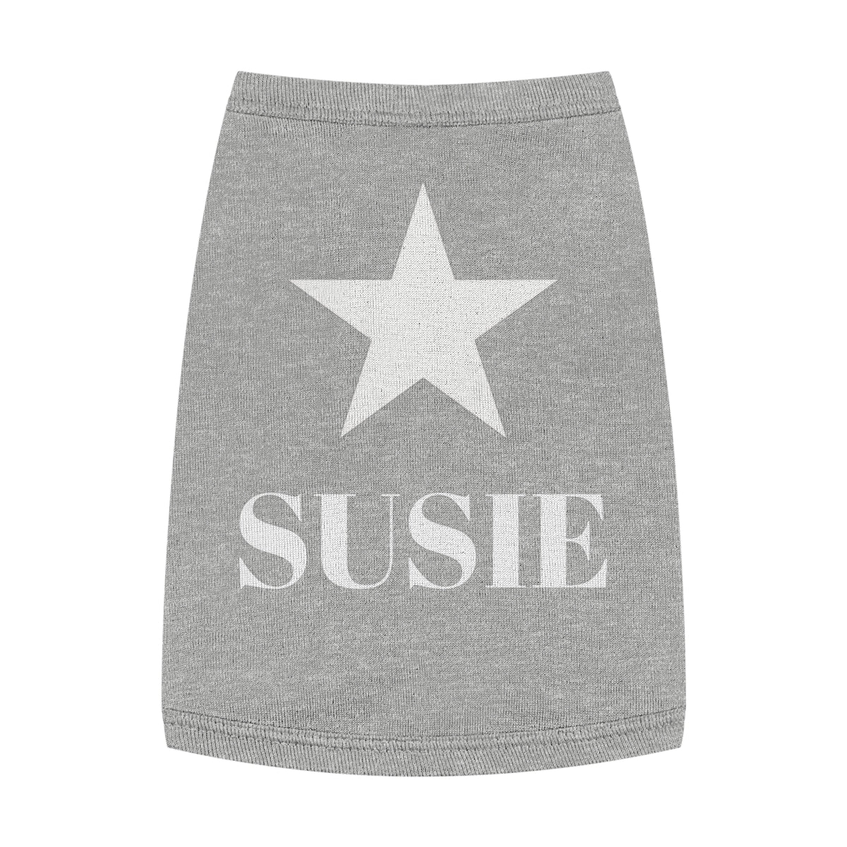 Custom dog tank top in grey with star design and with personalized name on back, full view
